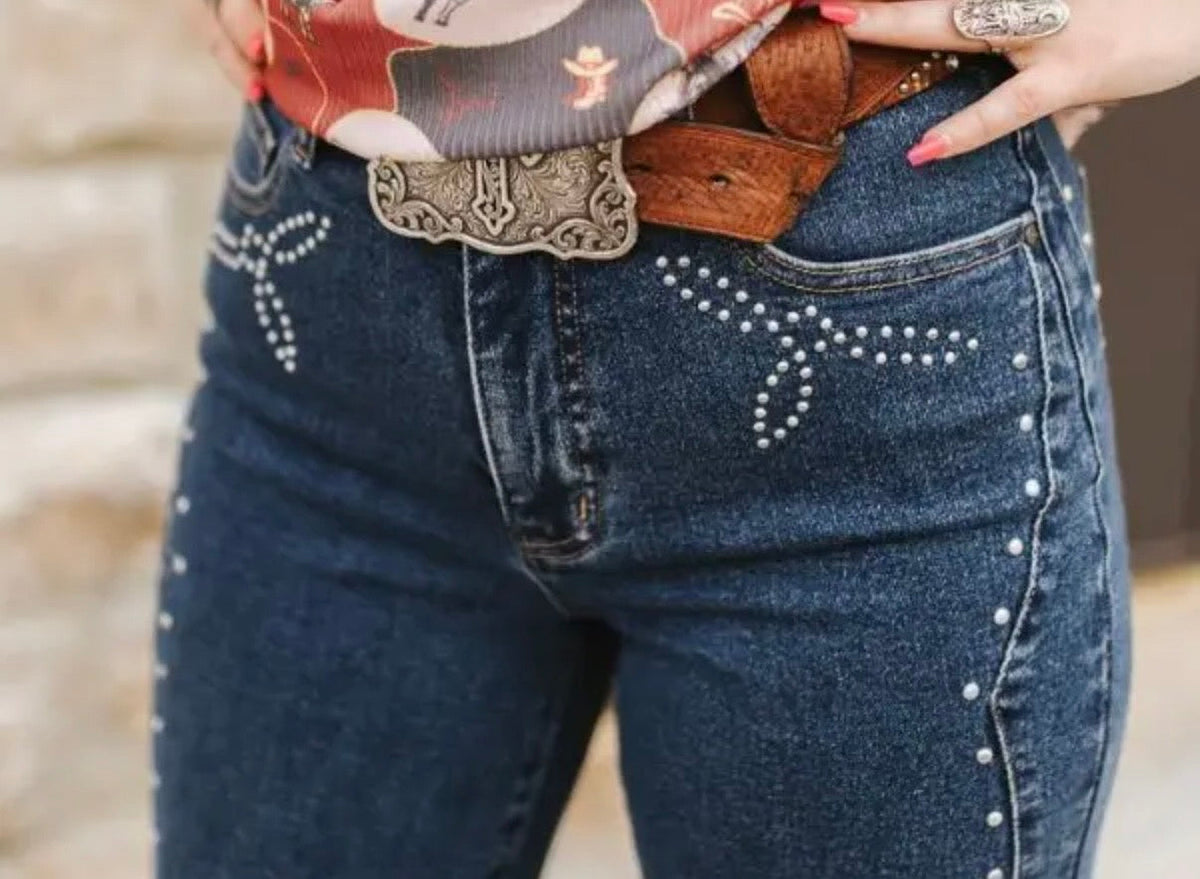 Dark Wash Western Vintage Studded High Rise Wide Leg Jeans